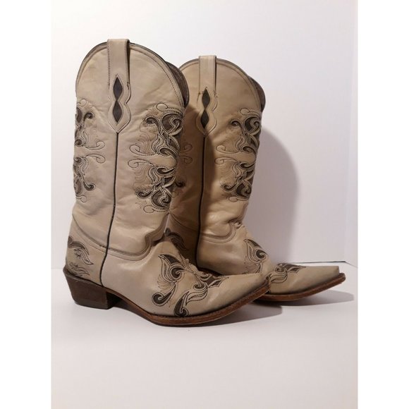 Pecos Bill Women's Leather Beige Embroidered Snip - Picture 3 of 7